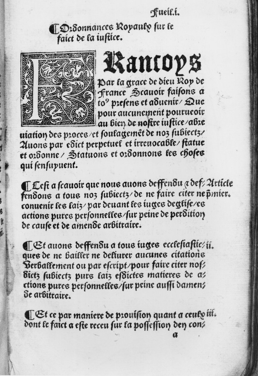 Első oldal a Villers-Cotterets-i rendeletből, 1539 (nyomtatott papír) alkotó: French School