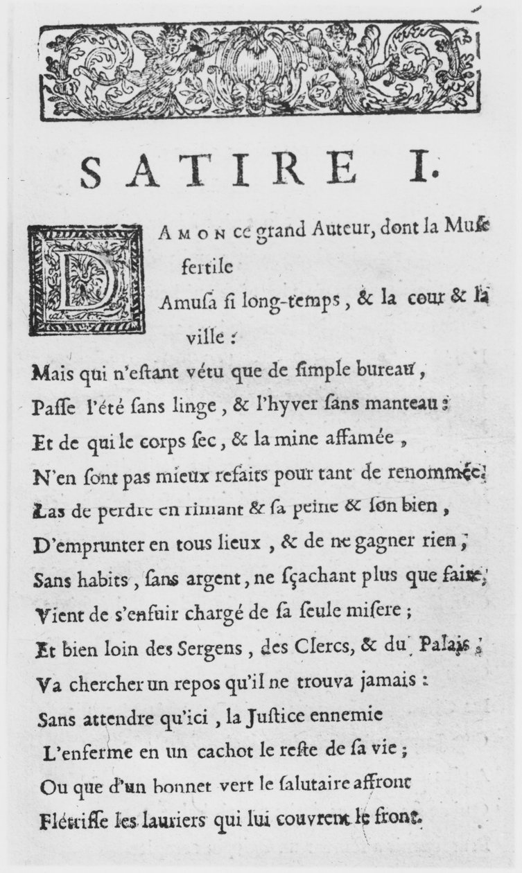 Nicolas Boileau, Boileau-Despreaux néven ismert szatírák első oldala, 1685-ben alkotó: French School