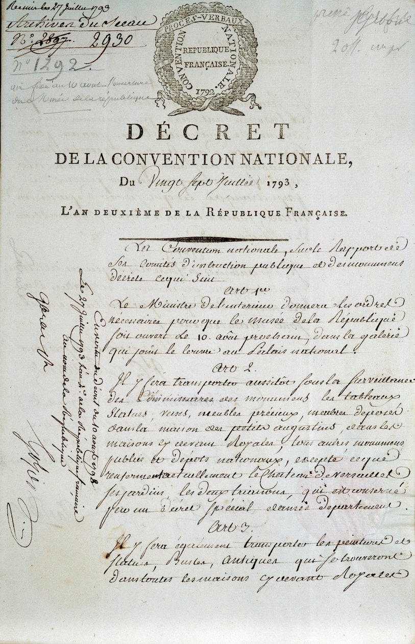 A Palais du Louvre múzeumként való létrehozásáról szóló, 1793. július 27-i nemzeti egyezmény titkának első oldala alkotó: French School