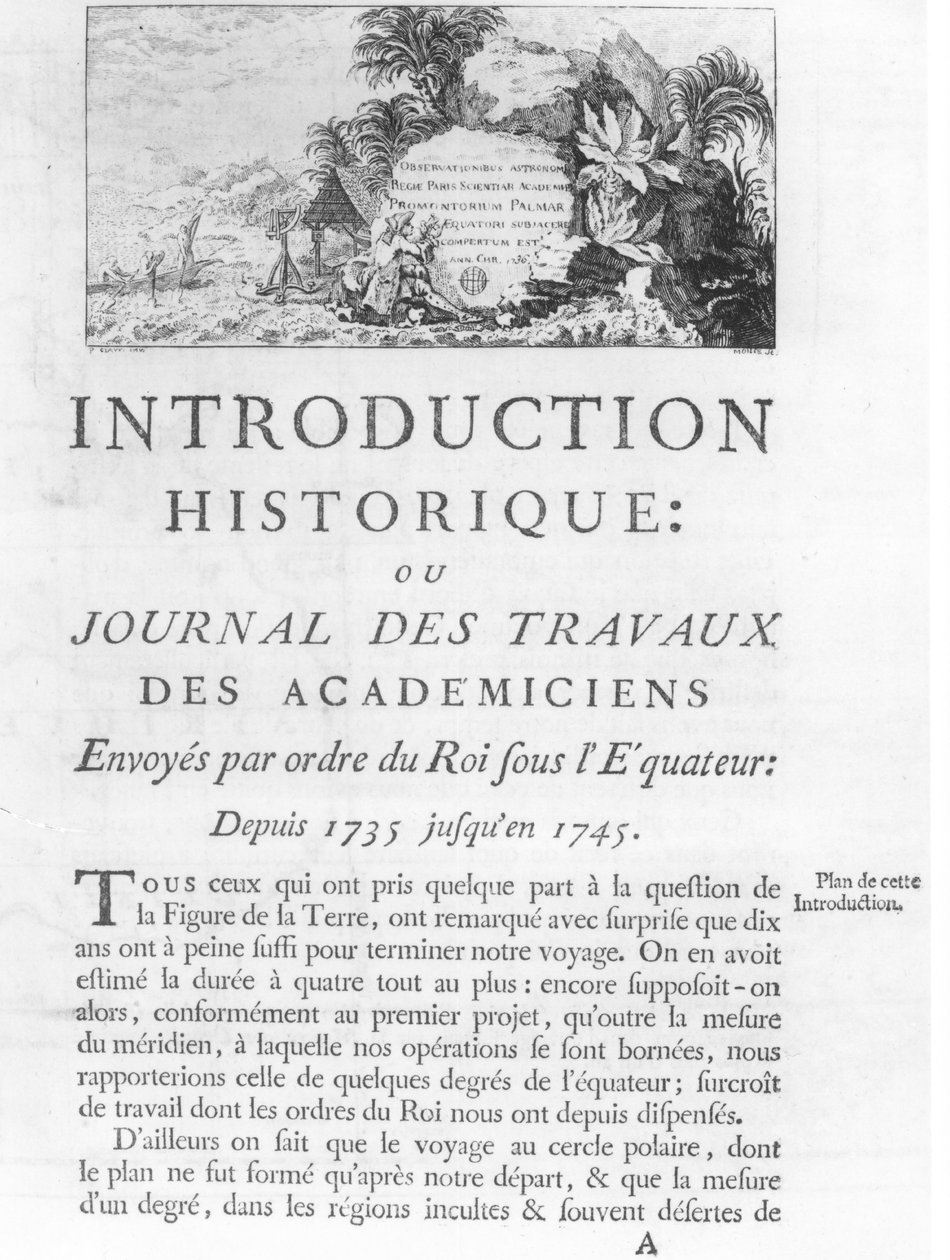 A Journal des Travaux des Academiciens bevezetőjének első oldala, amelyet Ecuador királyi parancsa küldött 1735 és 1745 között Charles Marie de La Condamine (1701-74) 1751 (bw alkotó: French School