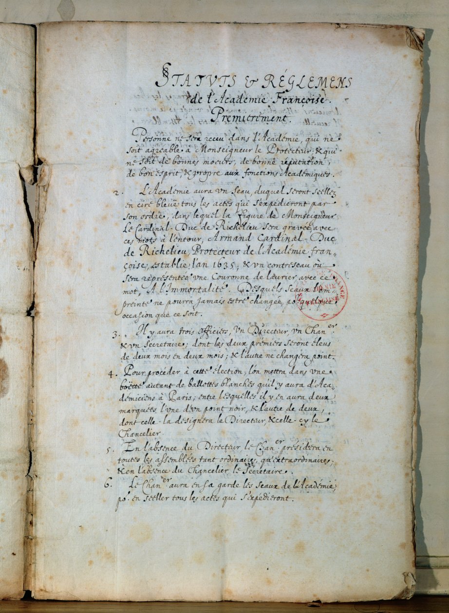 A Francia Akadémia alapszabályának első oldala, 1635 (tintával papíron) (lásd még: 179947) alkotó: French School