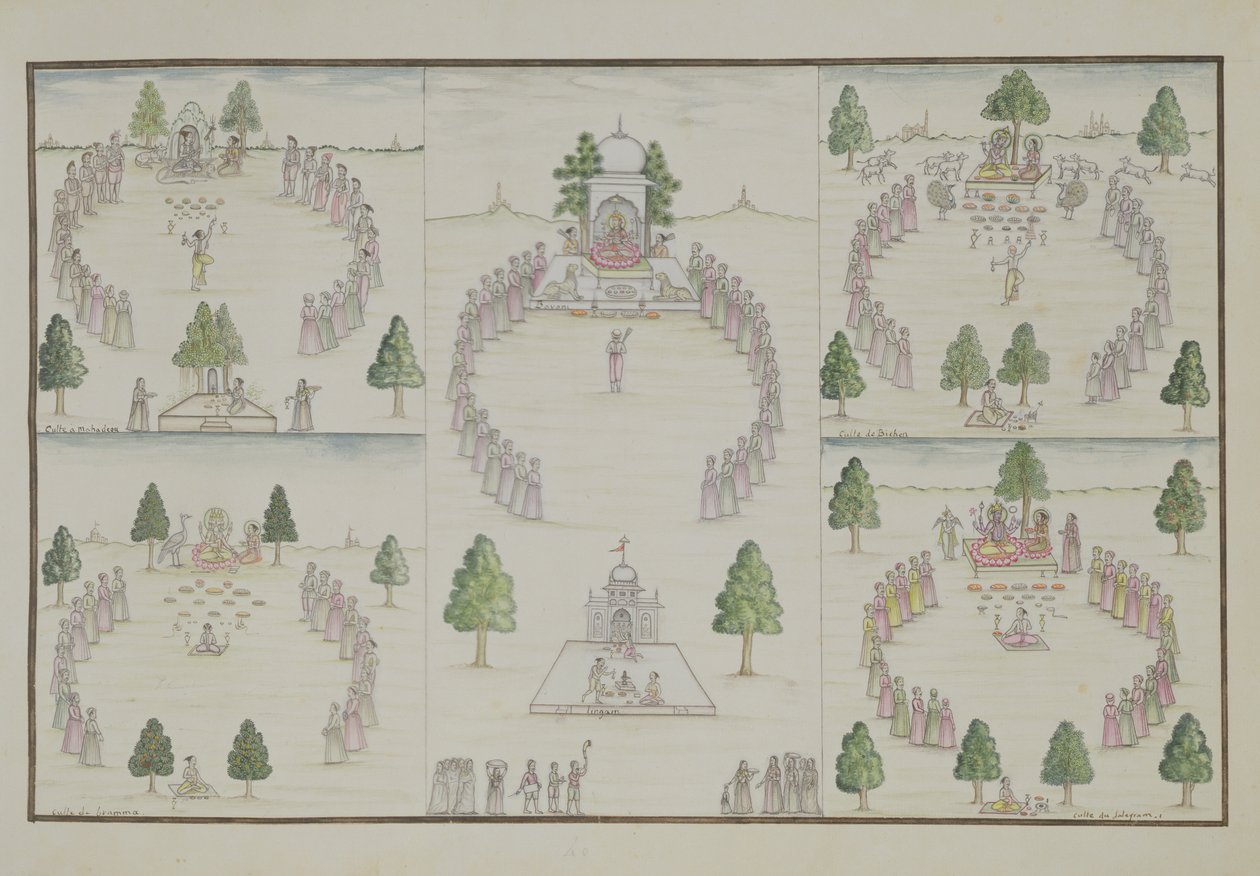 Öt hindu kultusz: Shiva, Krisna, Visnu, Brahma és Anyaistennő az 1774-ben megjelent Gentil albumból alkotó: French School
