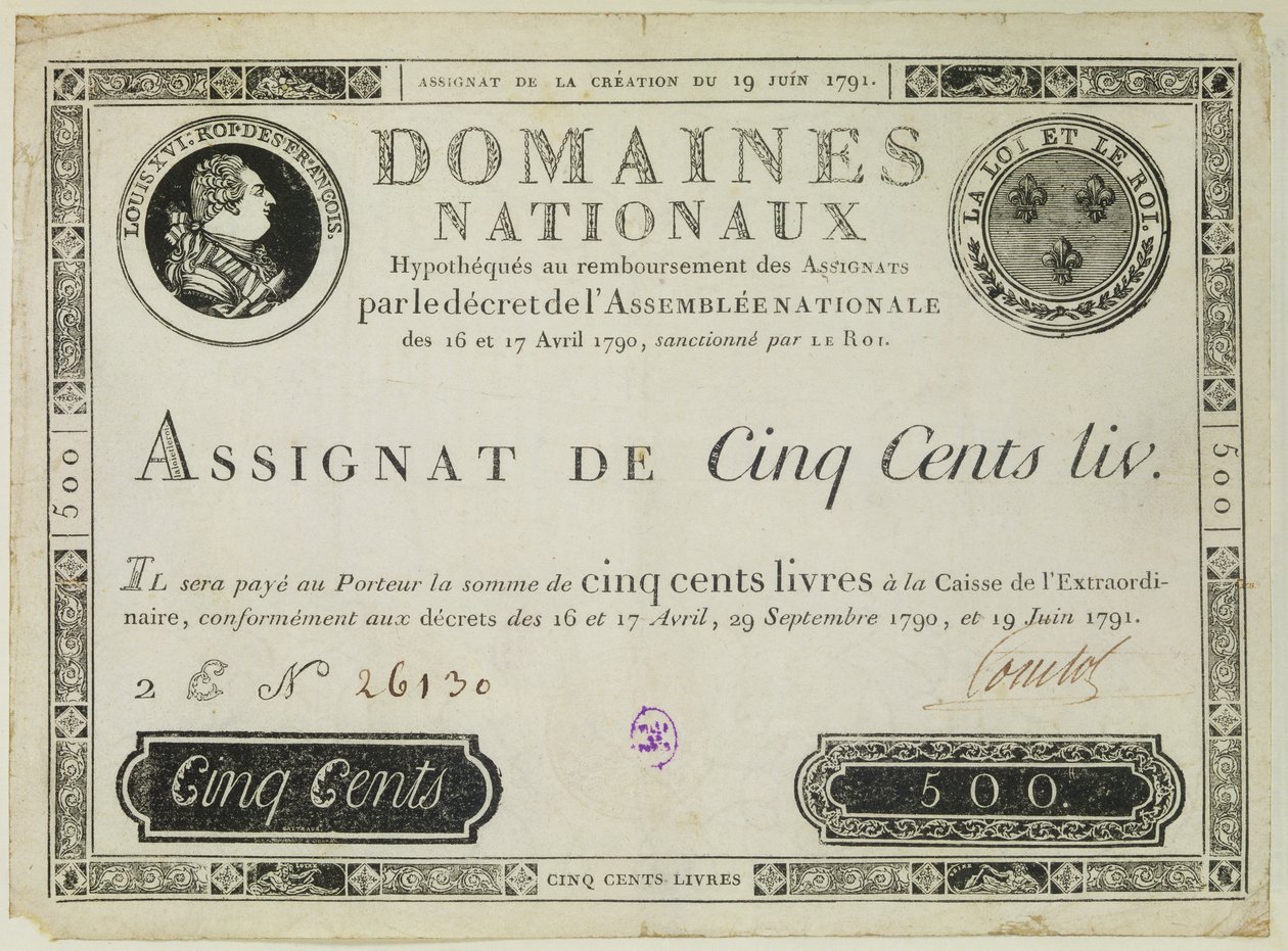 Ötszáz livres bankjegy, 1791. június 19 alkotó: French School