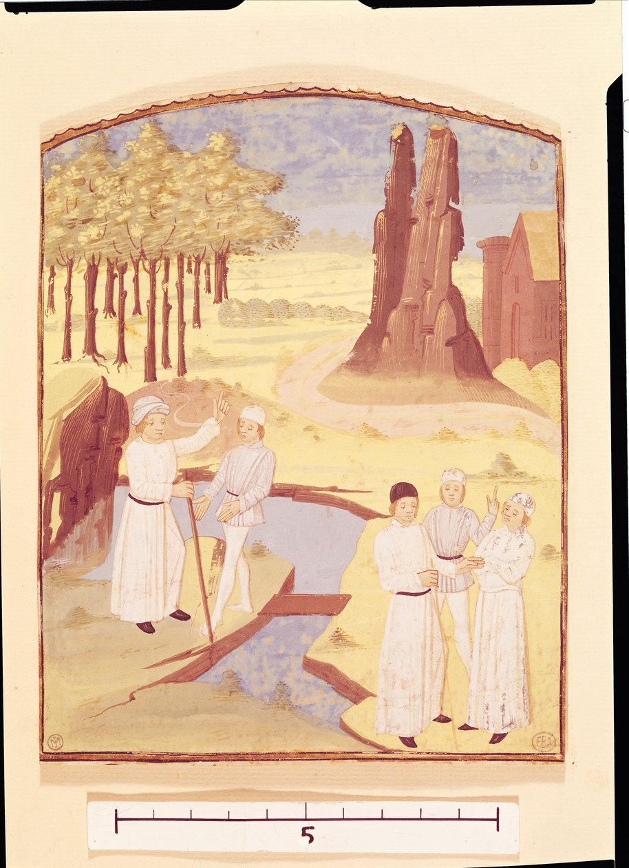 Öt ember beszélget a kerttervezésről, a Livre des Prouffitz Champestrestől, Pietro de Crescenzi (1230-132021) alkotó: French School