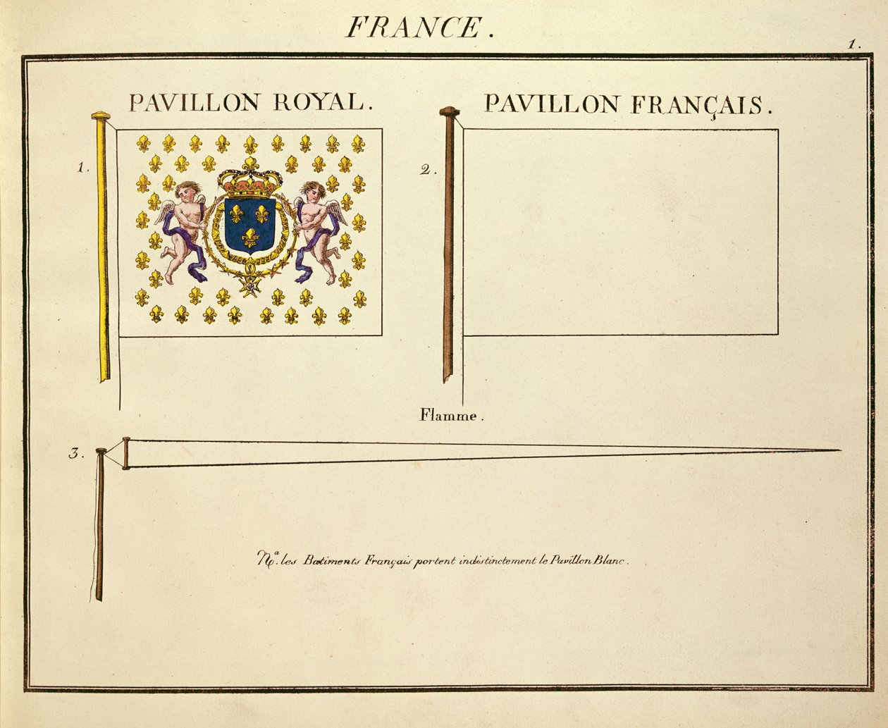 XVIII. Lajos és X. Károly francia királyok zászlaja a Pavillons des Puissances Maritimes-tól (színes metszet) alkotó: French School