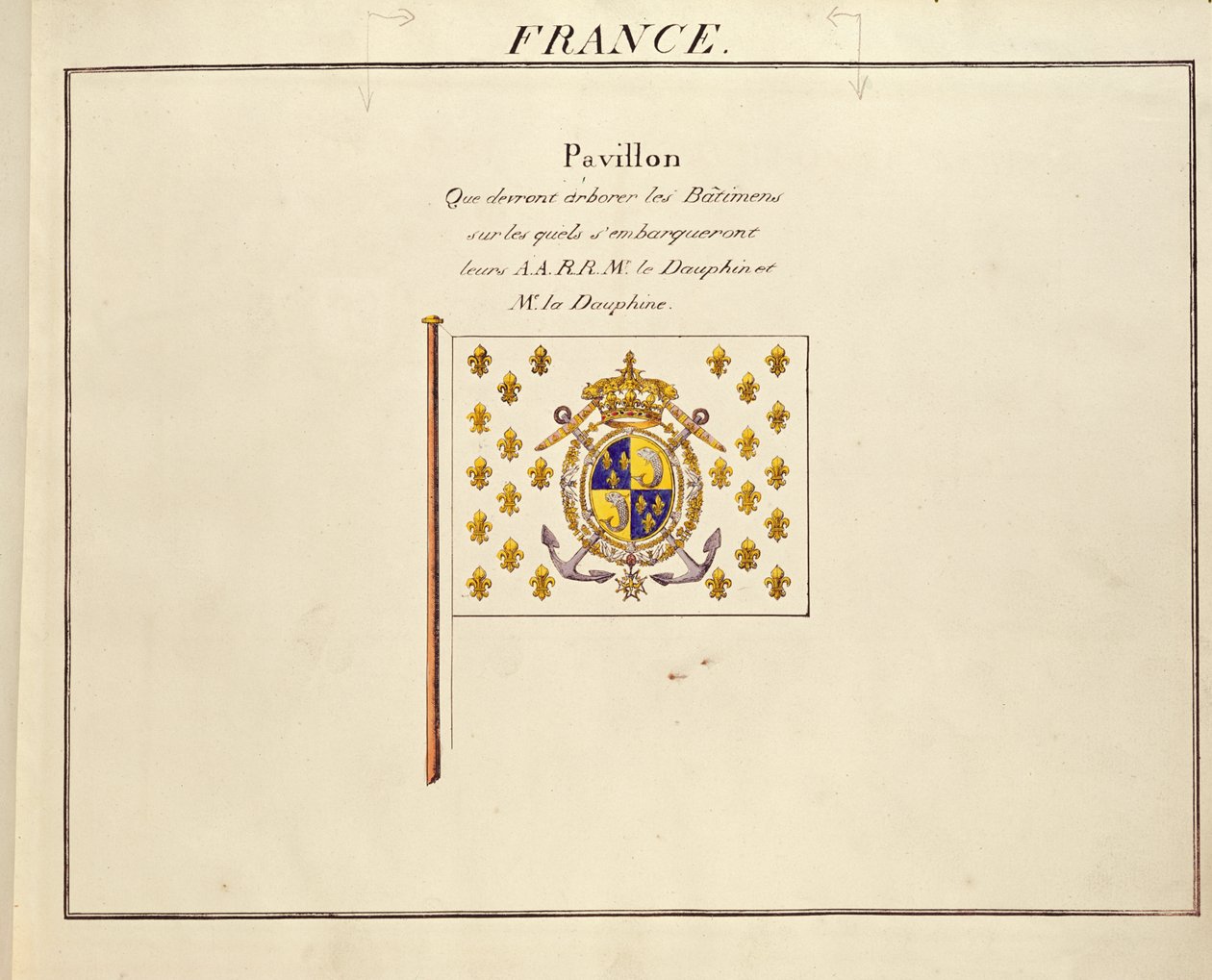 Dauphin és Dauphine, Louis-Antoine és Marie-Therese francia zászlaja, a Tengerészeti Hatalmak Pavilonjaiból, 1815-30 körül (színes metszet) alkotó: French School