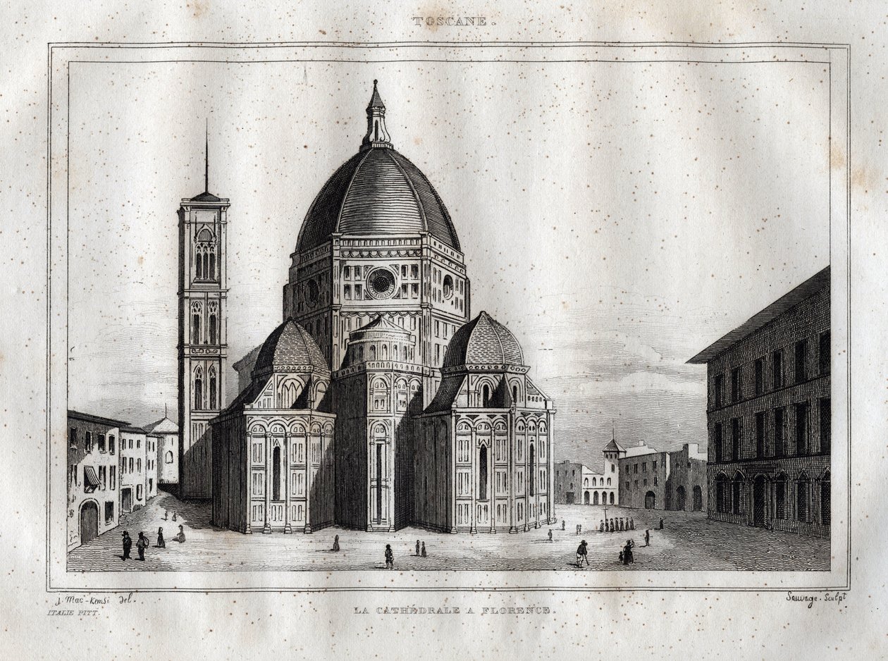 Firenzei katedrális – kilátás a firenzei katedrálisra (Duomo Santa Maria del Fiore). A kupolát Filippo Brunelleschi készítette 1420-1436 körül, Firenze, Olaszország - Metszet a „” Italy festői”-ből” – Olaszország történelmi és leíró táblázata”, M. de alkotó: French School