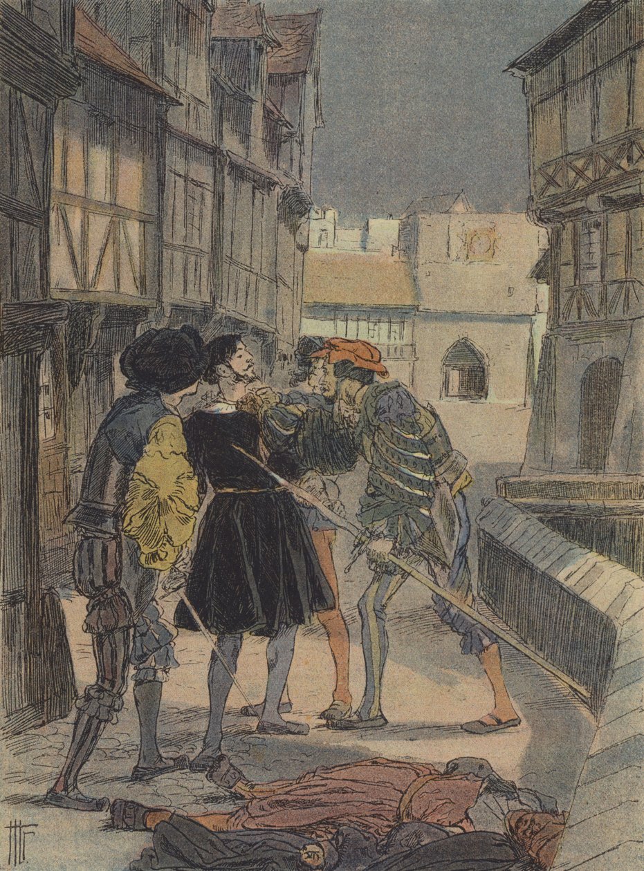 Benvenuto Cellini firenzei aranyműves és szobrász, akit egy csapat férfi vesz körül és fenyeget (színes lithó). alkotó: French School