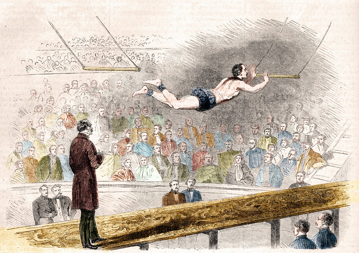 Repülő trapézszám, Jules Leotard francia akrobata (1839-1870) a Cirque de Napoleonban (ma Cirque d