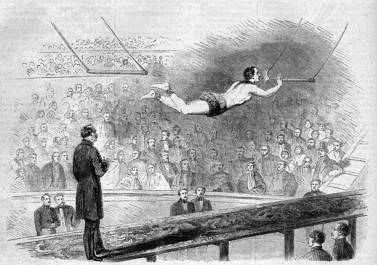 Repülő trapézszám, Jules Leotard francia akrobata (1839-1870) a Cirque de Napoleonban (ma Cirque d
