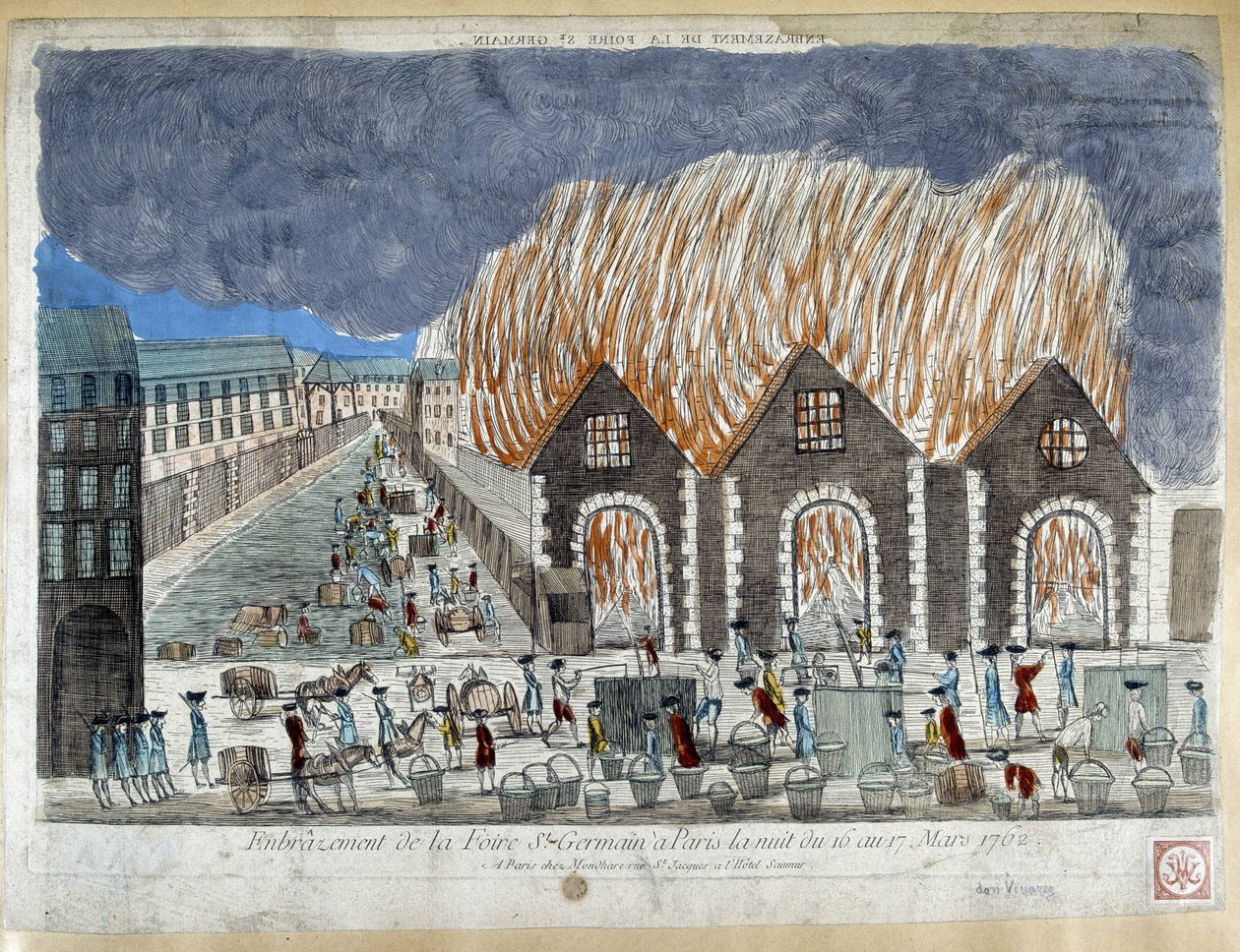 Foire Saint Germain vásár Párizsban, 1762. március 16-ról 17-re virradó éjszaka - metszet alkotó: French School