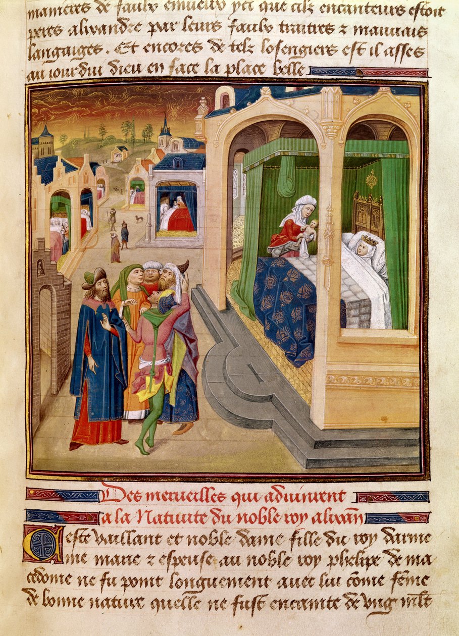 Fol.10r A csodák, amelyek Nagy Sándor születésekor (Kr. e. 356-323) történtek, illusztráció Jean Wauquelin könyvéből, a Histoire du Grand Alexandre 1460-ból alkotó: French School