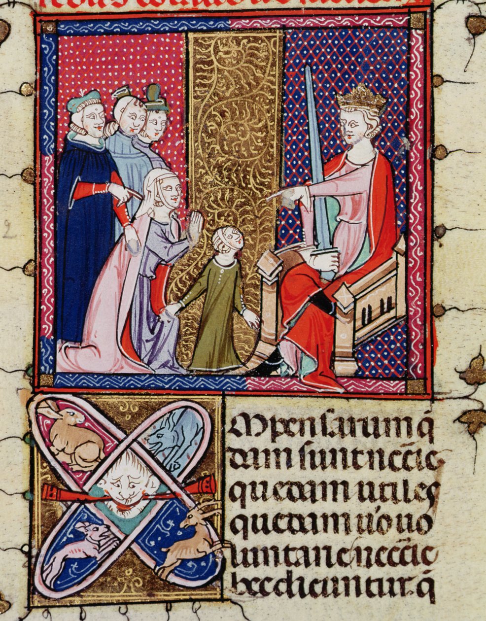 Fol.11v Egy gyermek és anyja bíró előtt, Justinianiból Fortiatumban alkotó: French School