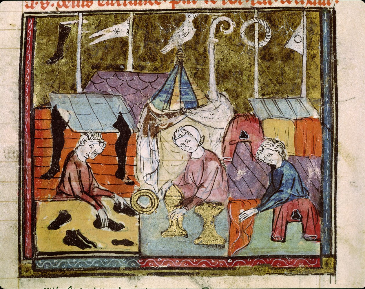Fol.122v kereskedők a Lendit vásáron St. Denis közelében, a Grandes Chroniques de France-tól, 1375-79 alkotó: French School