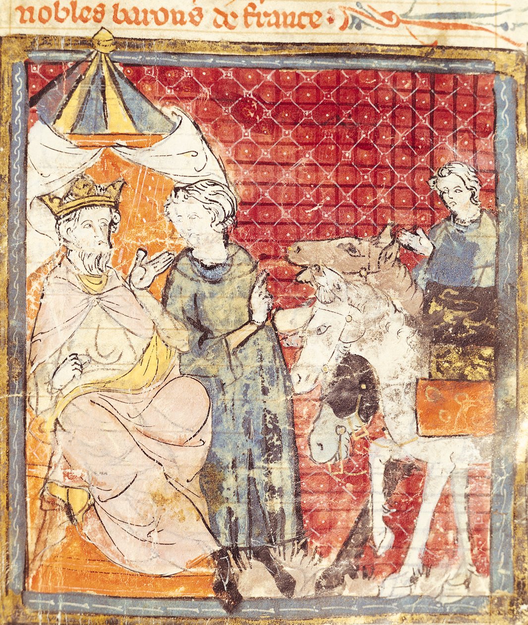 Fol.133r Roland búcsút int Nagy Károlynak (742-814), Grandes Chroniques de France, 1375-79 alkotó: French School