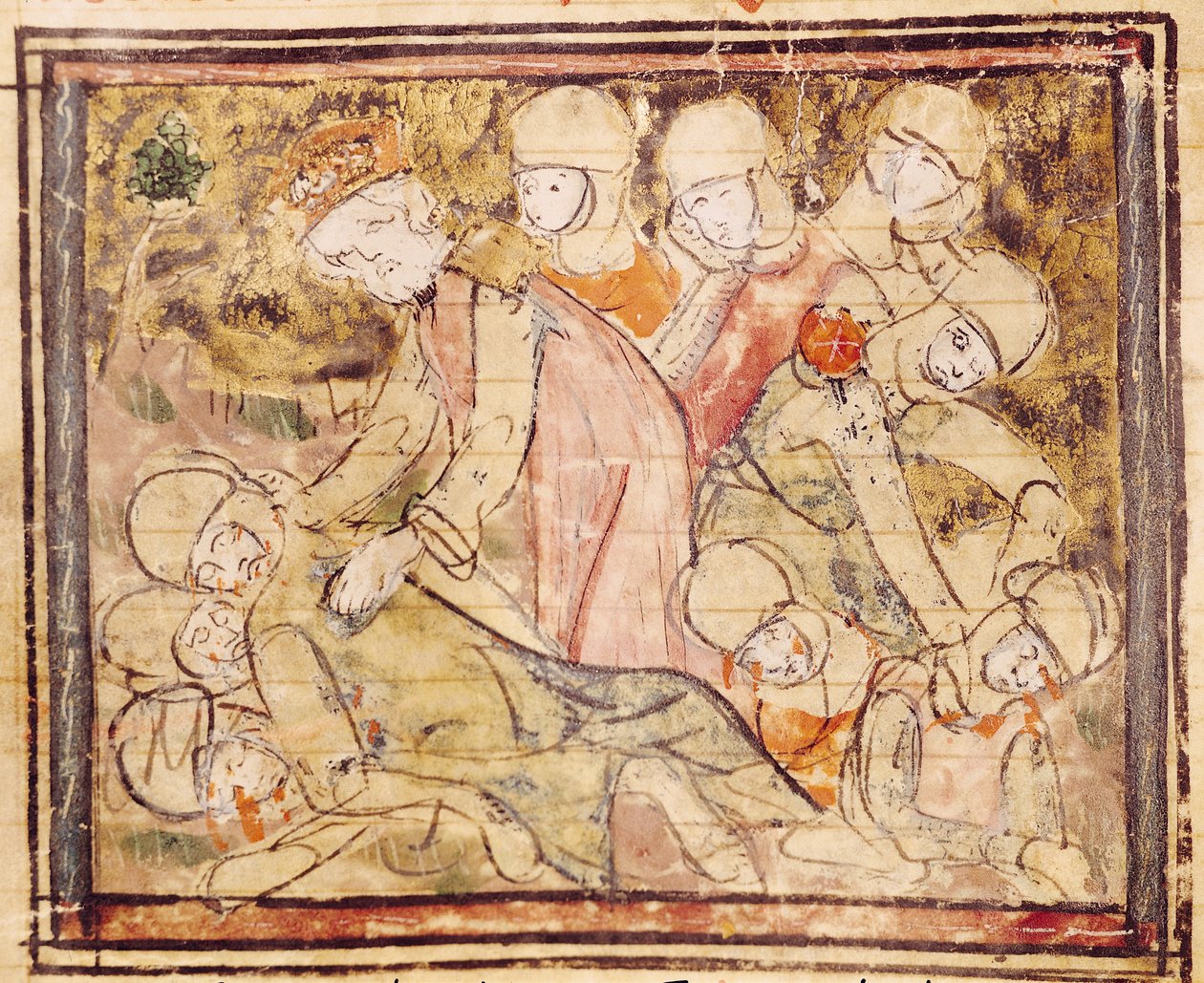 Fol.136v Hogyan találta meg Nagy Károly (742-814) Rolandot holtan, a Grandes Chroniques de France-ból, 1375-79 alkotó: French School