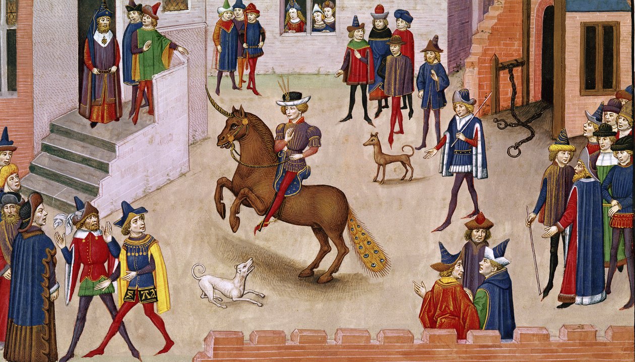 Fol.17v Hogyan lovagolta meg Nagy Sándor (Kr. e. 356-323) a Bucephalust, a Histoire du Grand Alexandre 1460-ból alkotó: French School