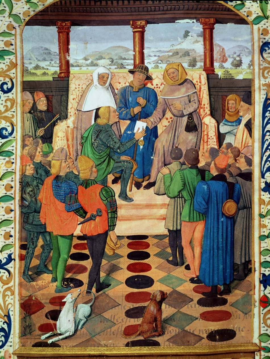 Fol.185v VII. Károly (1403-61) dokumentumot ad Jean de Bueil (1405-78) Le Jouvencelből Joan of Arc-nak (1412-31) alkotó: French School