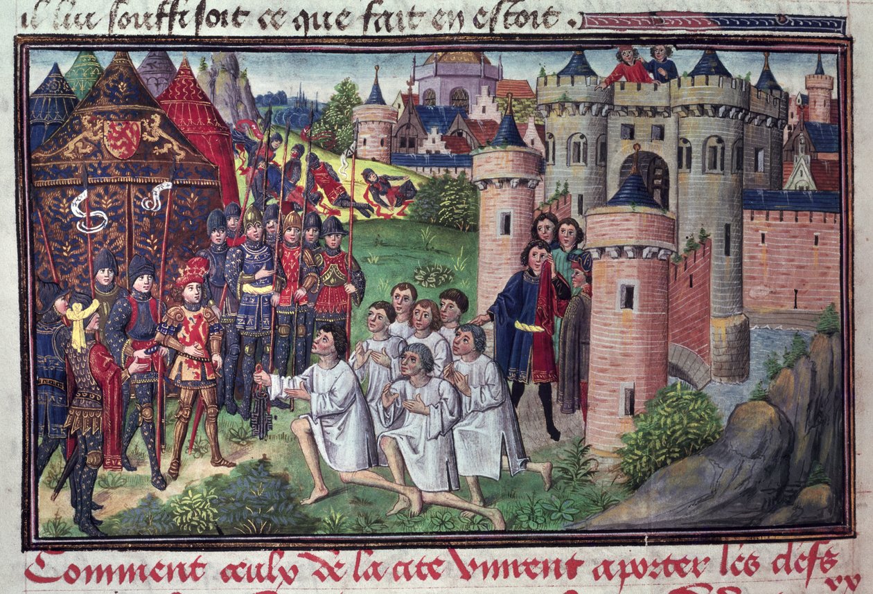 Fol.286v Hogyan adták Babilon lakói a város kulcsait Nagy Sándornak (Kr. e. 356-323) Jean Vauquelin kéziratából, a Histoire du Grand Alexandre-ból, 1460 alkotó: French School