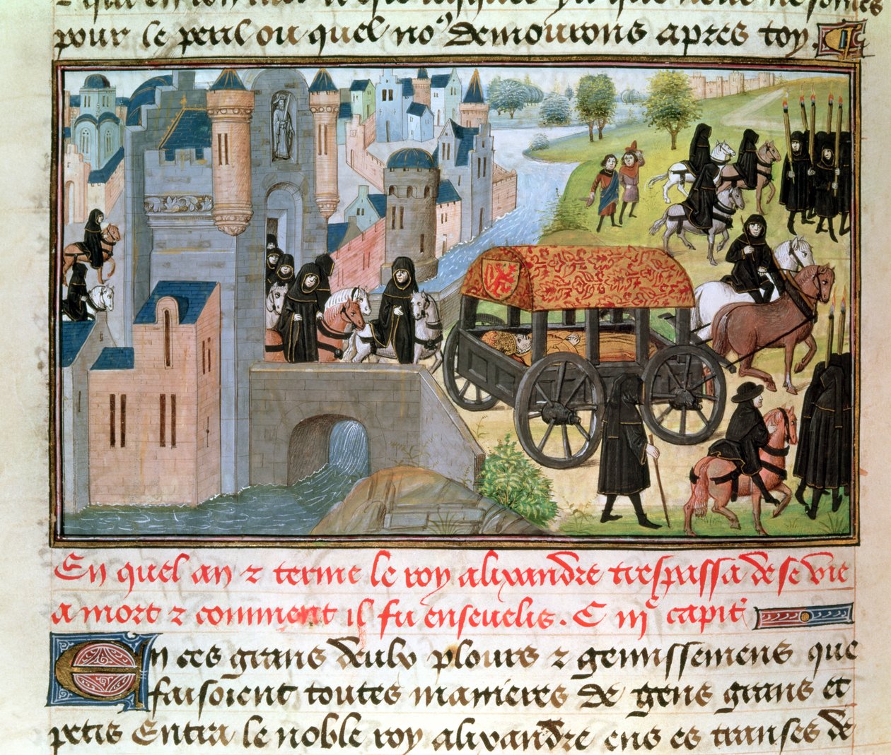 Fol.305v Hogyan hunyt el és temették el Nagy Sándor (Kr. e. 356-323) Jean Vauquelin kéziratából, a Histoire du Grand Alexandre-ból, 1460 alkotó: French School