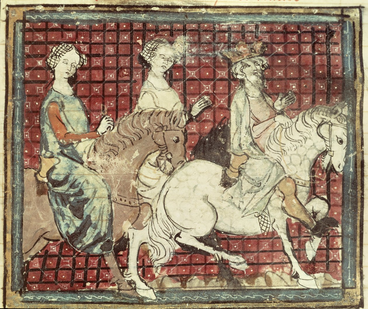 Fol.31r Chilperic I (543-97) és Fredegonde lóháton, a Grandes Chroniques de France-ból, 1375-79 alkotó: French School
