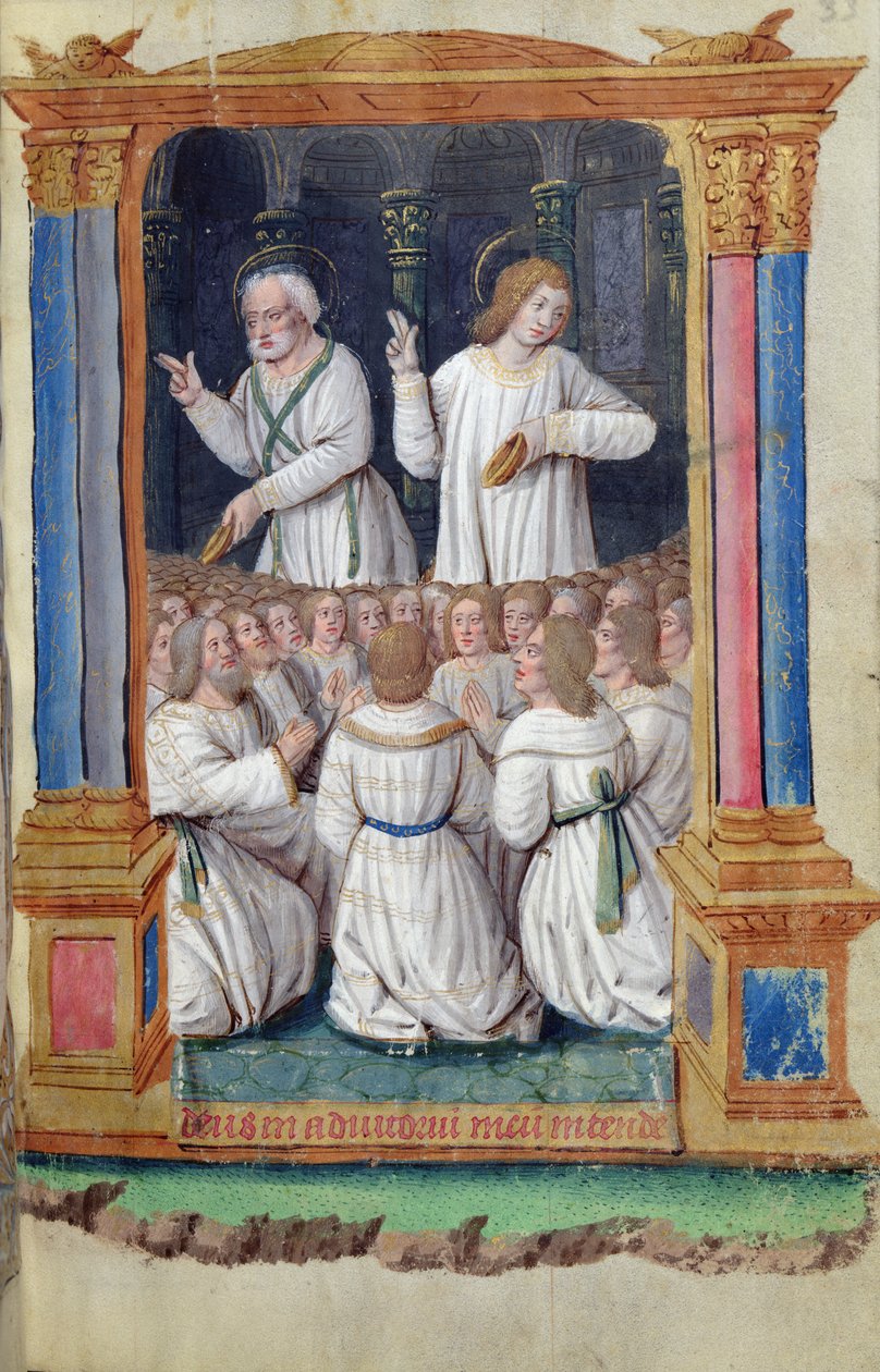 Fol.33r Szent Péter és Szent János buzdítja a híveket, a Heures a lUsage de Rome-ból alkotó: French School