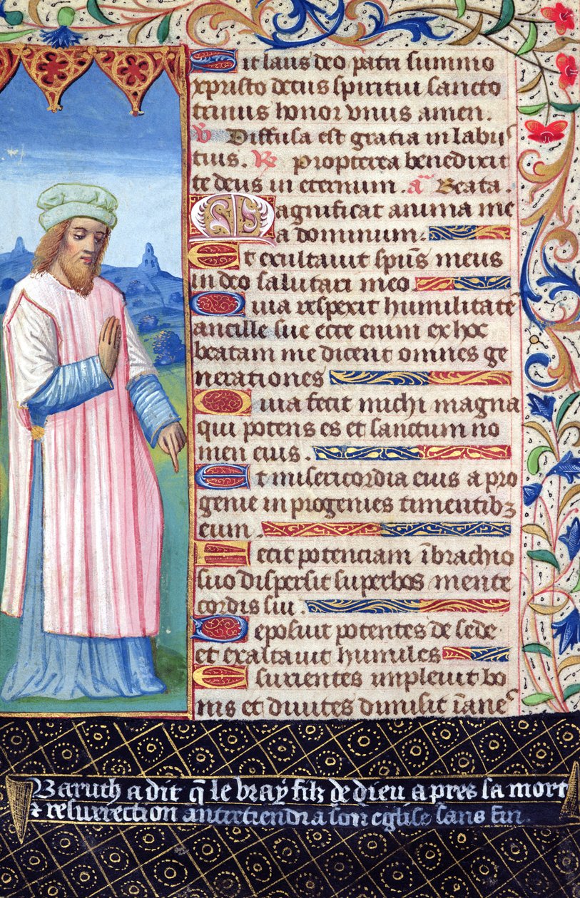 Fol.36v A Magnificat szövege Baruch portréjával, a Heures a lUsage de Rome-tól alkotó: French School