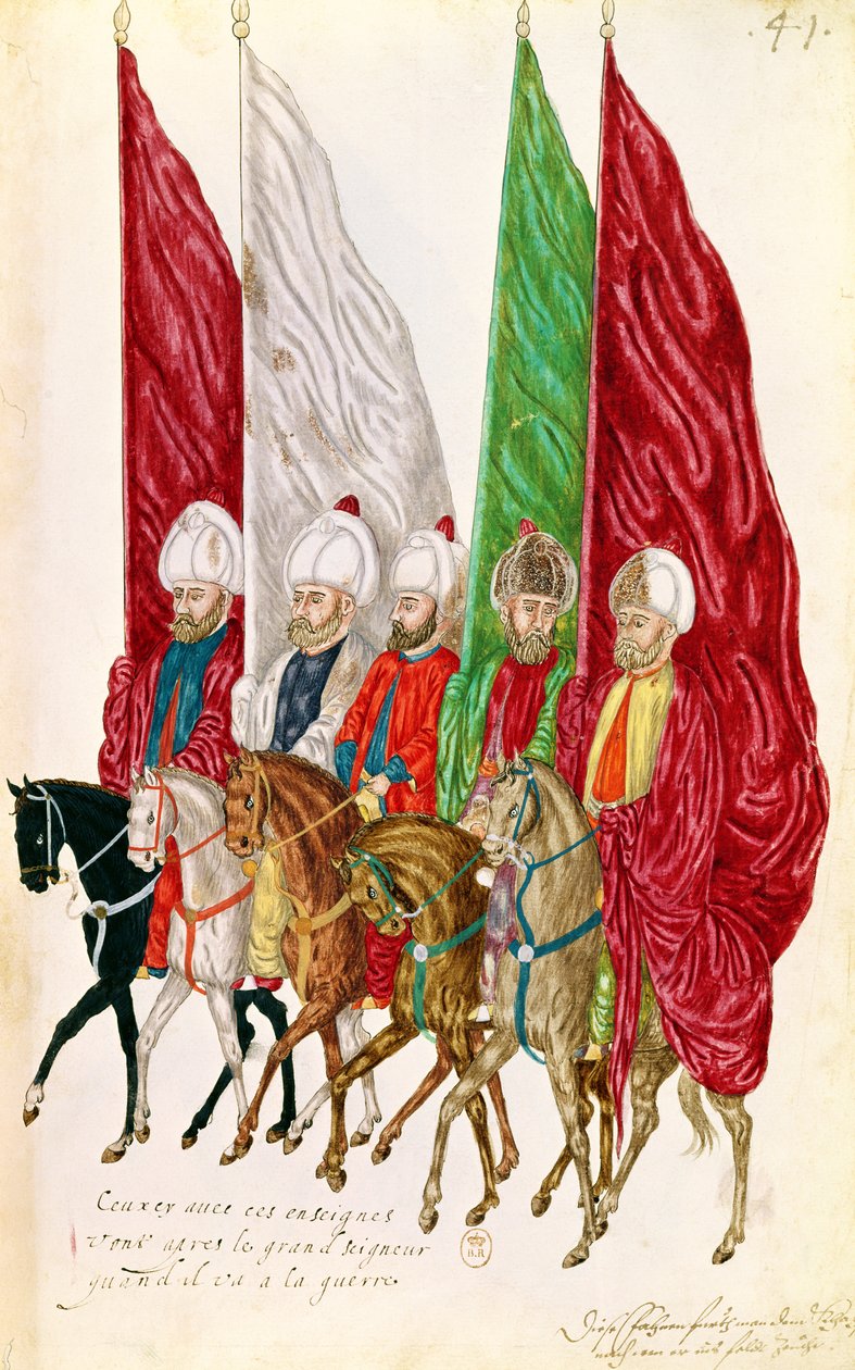 Fol. 41 Men with Standards After the Seigneur to War, a „Mores et Costumes des Pays Orientaux et Habillements de Different Pays”-ből, az 1513-as eredeti példány másolata alkotó: French School