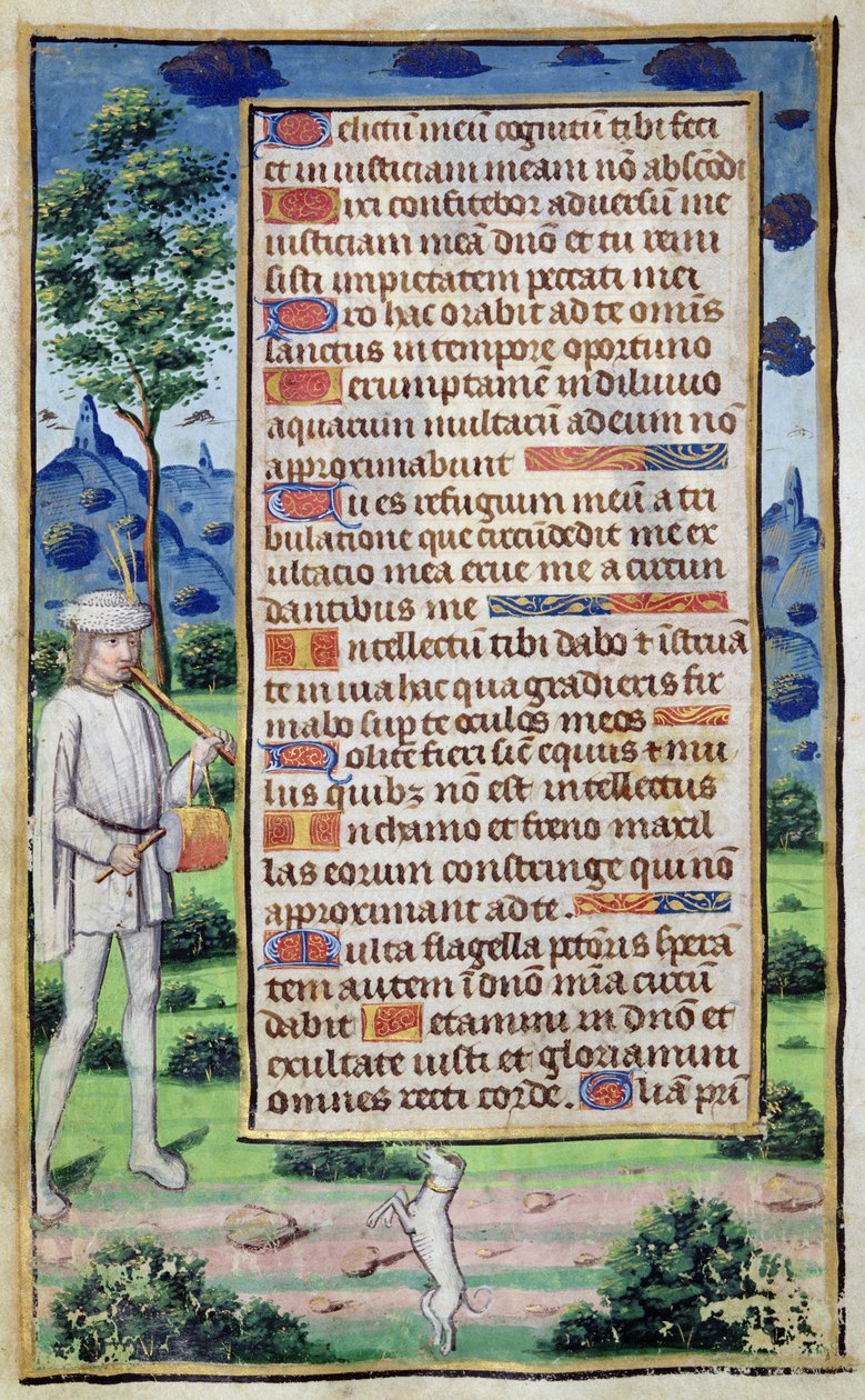 Fol.50v Szövegoldal egy kutyáját táncoló zenész szegélyrészletével, a „Heures de l