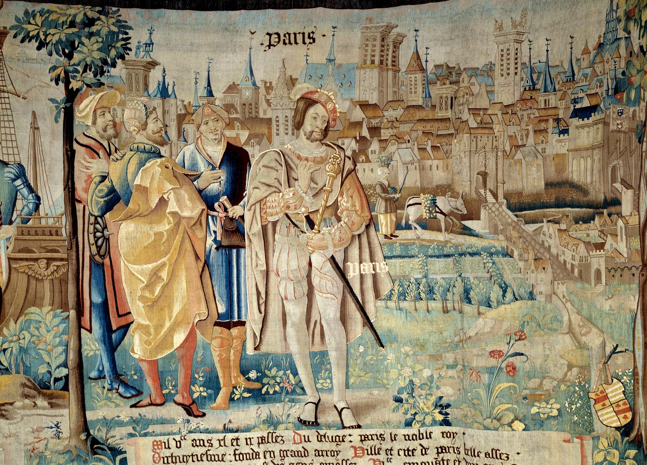 Fondation de la ville de Paris. I. Ferenc király (1494-1547) 1527-ben a fogságból hazatérve döntött úgy, hogy állandó fővárosát Párizsban hozza létre. „A gallok mesés történelme” című kárpit az arras-i műhelyben. 1530 Beauvais, departm alkotó: French School
