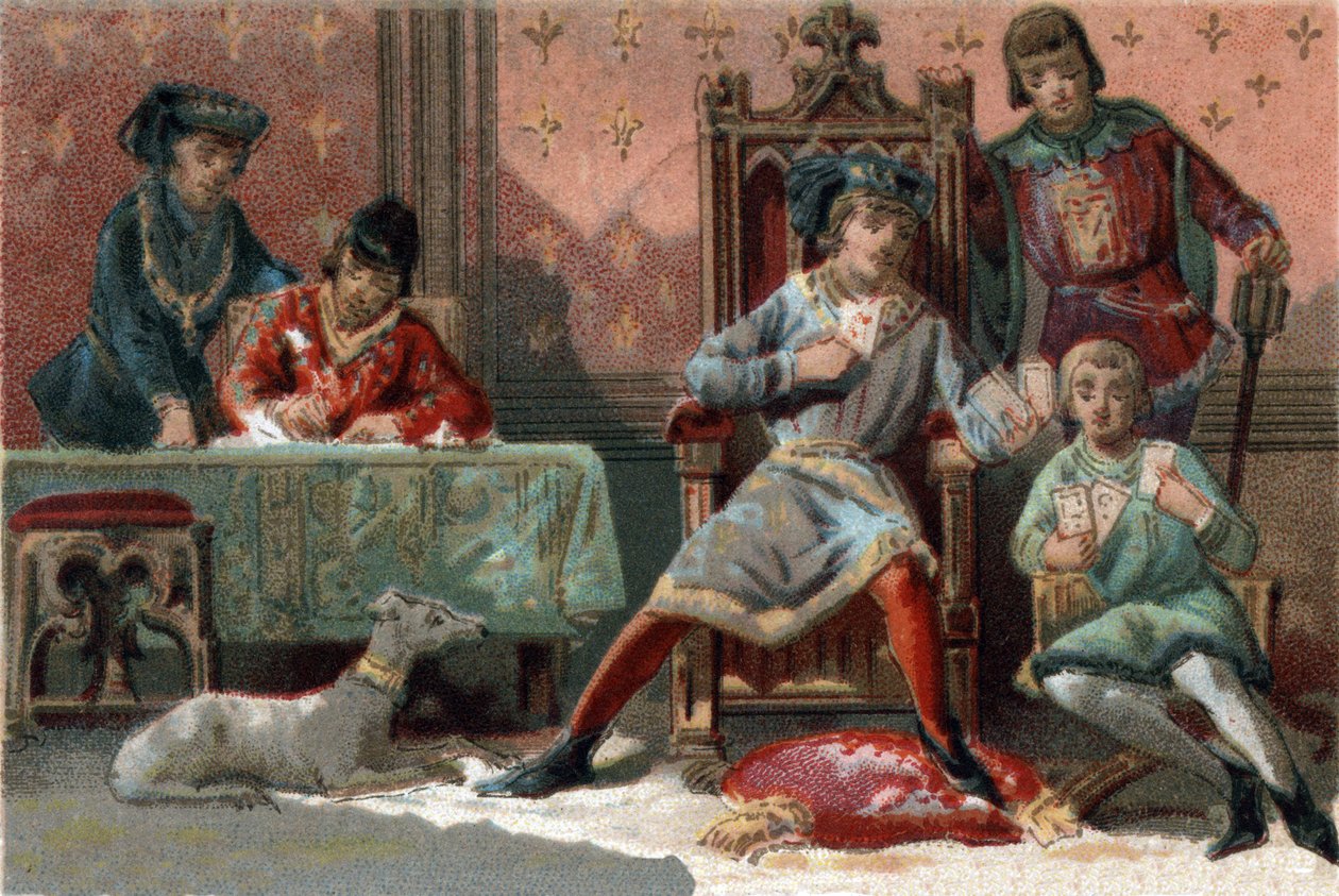 A figyelem elterelésére VI. Károly francia király (1368-1422) kártyázott. Kromolitográfia 1890 körül. alkotó: French School