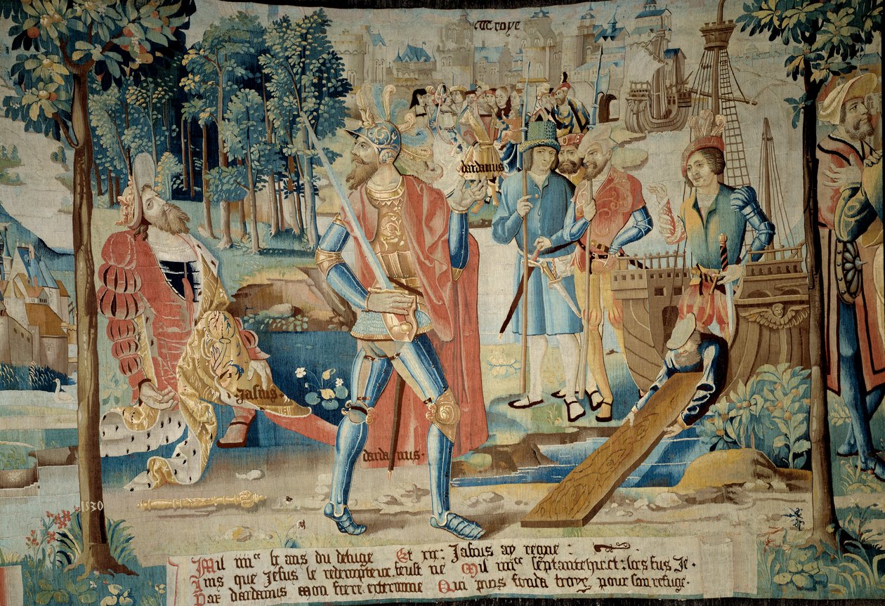 Troyes városának alapítása. Jasius királyt testvére, Dardanus megöli, aki csónakkal menekült, és Troyest (Champagne-ban) találta hátul. „A gallok mesés története” kárpit, amelyet az Arras-i műhely készített. 1530 Beauvais, indulás alkotó: French School