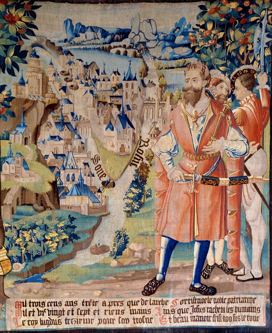 Lyon városának megalapítása: Lugdus, Galathes unokája, Gallia alapítója, társaival, mögötte Lyon városa a Rhone és a Saone összefolyásánál, a távolban az Alpok hegyei. A "Gallia mesés története" című gobelin. alkotó: French School