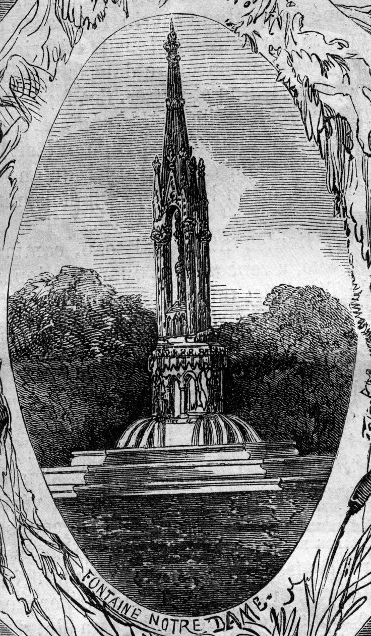 Párizs szökőkútja: kilátás a Szűz-kútra (Notre Dame Fountain) (1845 körül). Metszet a „” Le Monde Illustré”” 254. számában, február 22 alkotó: French School