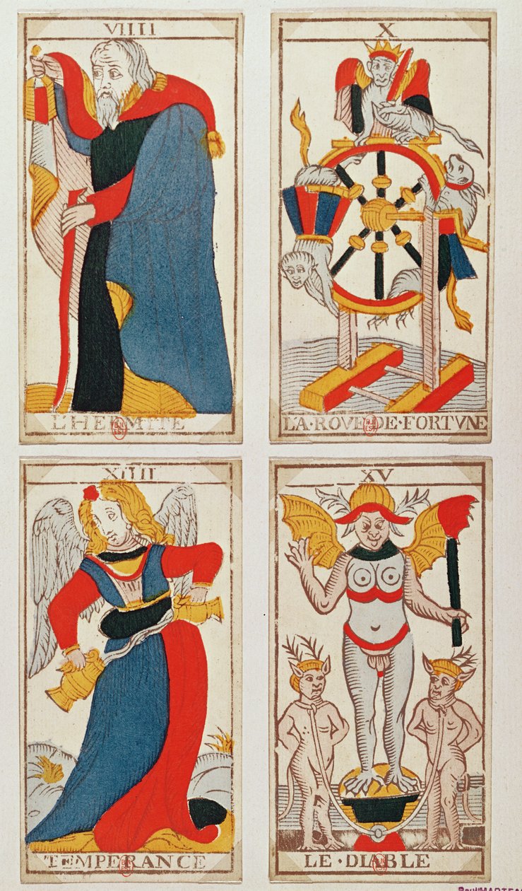 Négy Tarot kártya, amelyek a Remete, a Szerencsekerék, a Mérséklet és az Ördögöt ábrázolják (színes fametszet) alkotó: French School