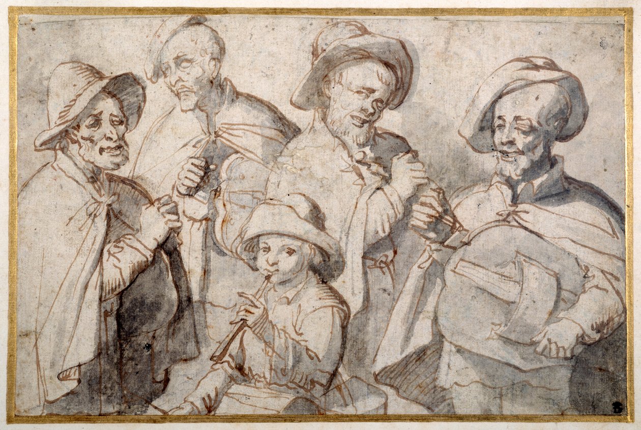Négy rohanós játékos és egy fiú pipával, 1650-99 körül (toll és tinta papíron) alkotó: French School