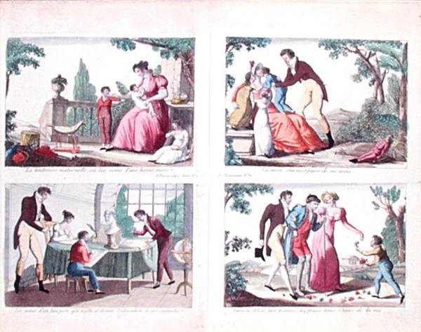 Négy szülői felelősséget ábrázoló jelenet, 19. század eleje (színes metszet) alkotó: French School