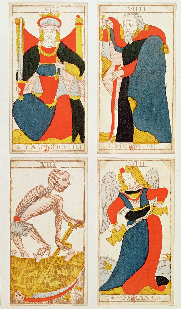 Négy tarotkártya, amelyek az Igazságosság, Mértékletesség, Halál és A Remete képét ábrázolják (színes fametszet) alkotó: French School