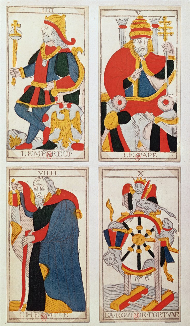 Négy tarotkártya, amelyek a császárt, a pápát, a remetét és a szerencsekeréket ábrázolják (színes fametszet) alkotó: French School