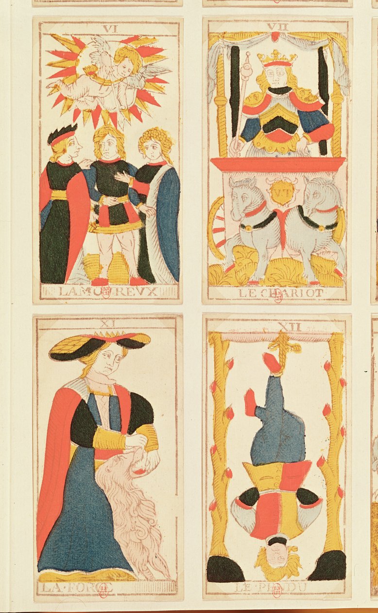 Négy tarotkártya, amelyek a szerelmeseket, a szekeret, az erőt és az akasztott embert ábrázolják (színes fametszet) alkotó: French School