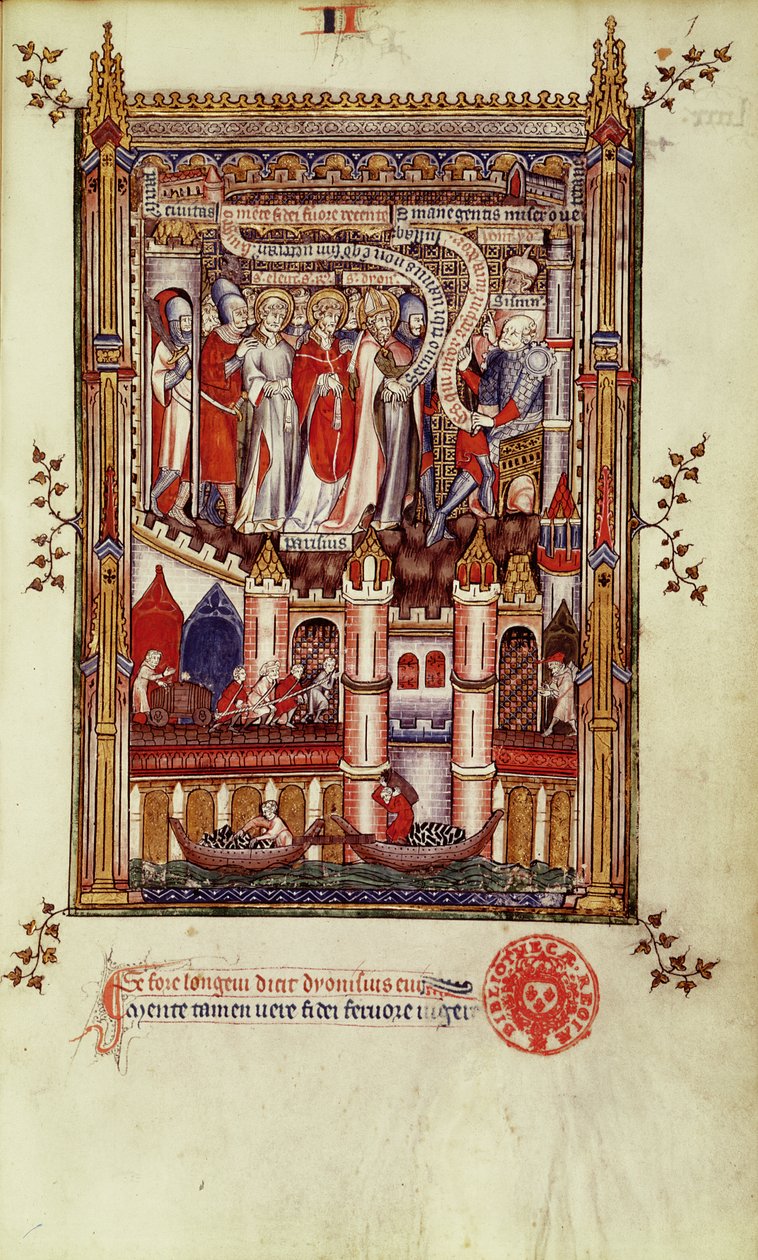Fr 2092 f.1 St. Denis és társai első kihallgatása Sisinniustól, Vie de St. Denisből, 1317 alkotó: French School
