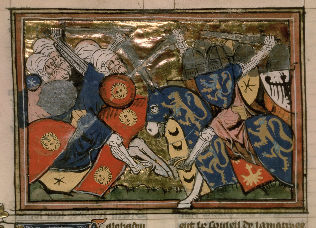 Fr 22495 f.235v , jeruzsálemi csata 1187-ben, Le Roman de Godefroi de Bouillonból alkotó: French School