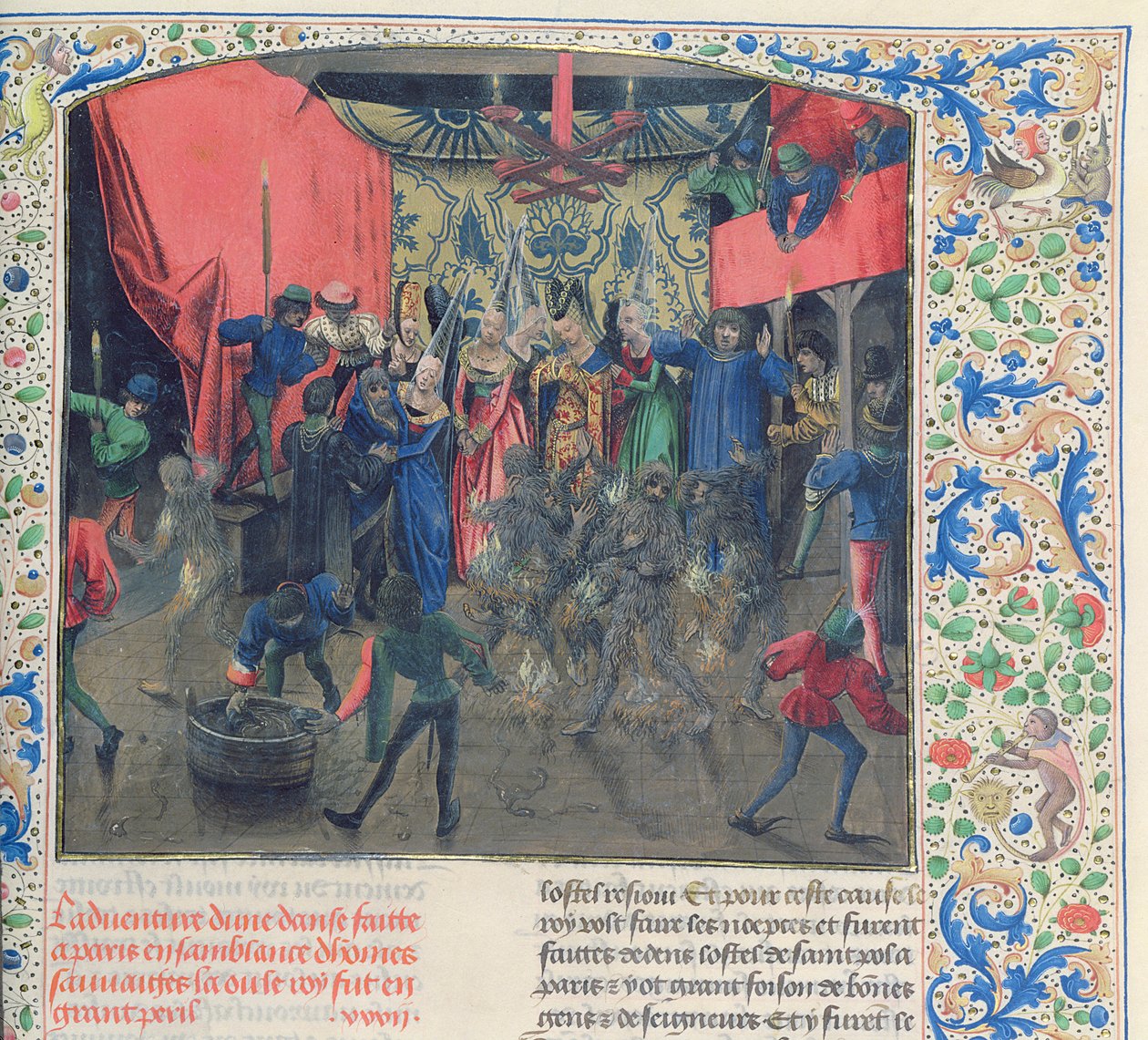 Fr 2646 f.176 Bal des Ardents, Károlyt Berry hercegné mentette meg, miután Orléans-i Lajos felgyújtotta a táncosok jelmezeit, 1392, a Froissarts Chronicle alkotó: French School