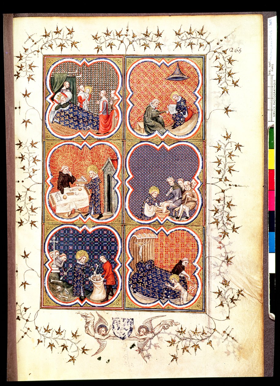 Fr 2813 f.265 Hat jelenet Szent Lajos életéből (1215-70), a Grandes Chroniques de France-ból, 1375-79 alkotó: French School