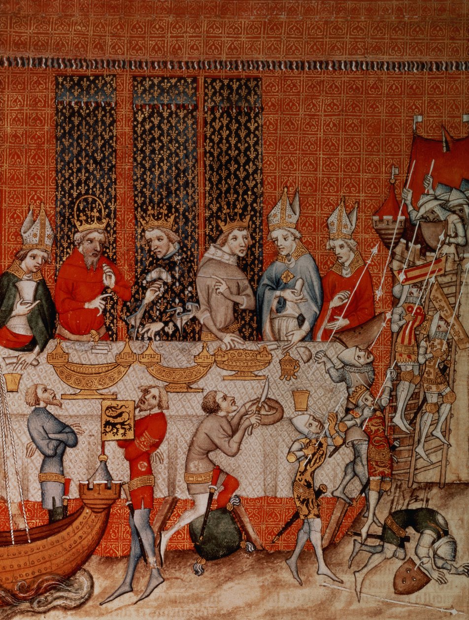 Fr 2813 f.473 Bankettjelenet, a Grandes Chroniques de France-ból, 1375-79 alkotó: French School