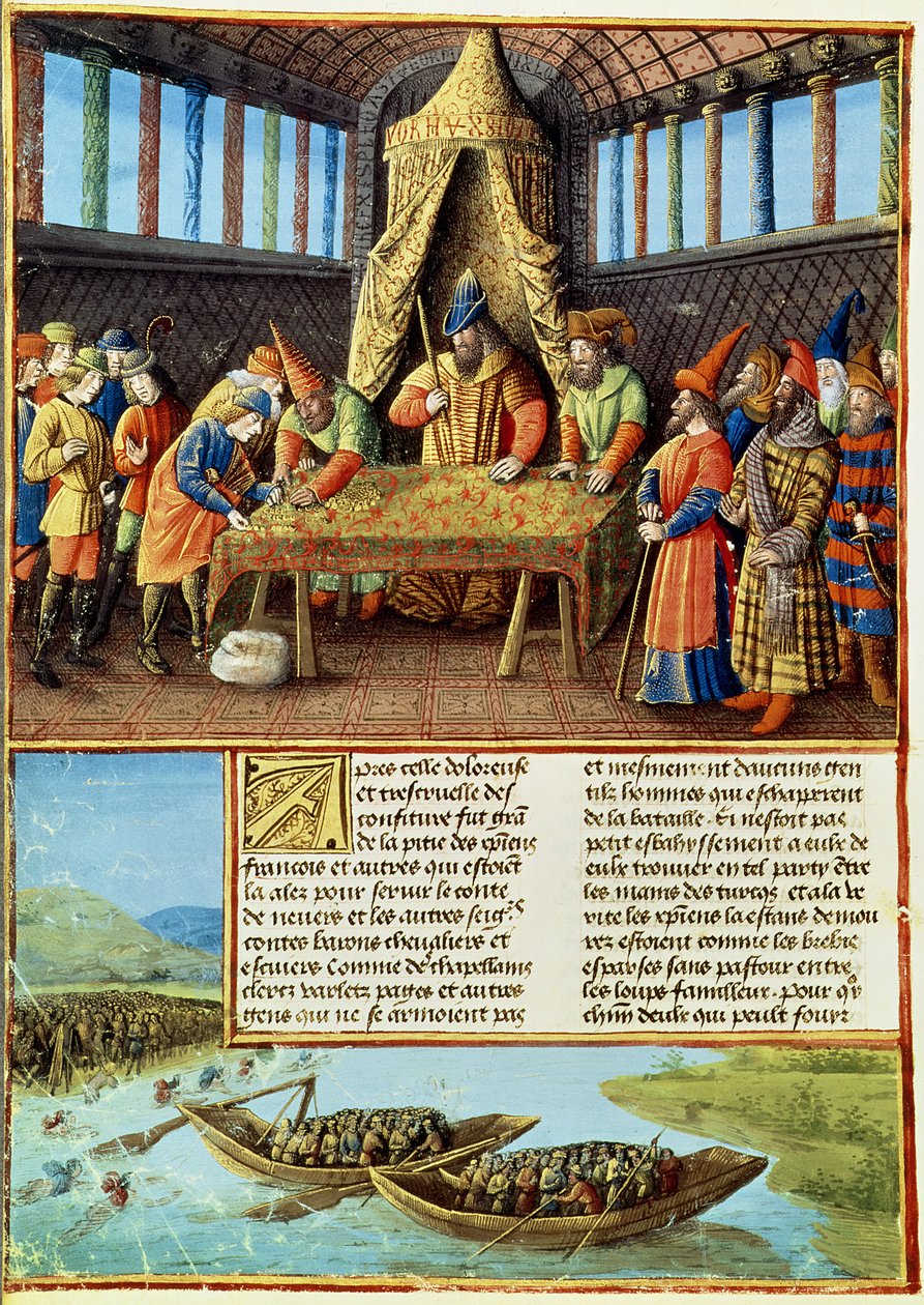 Fr 5594 f.267v Bayezid I, aki a váltságdíjat kapja, a Passages faits Outremerből, írta Sebastien Mamerot, 1490 körül alkotó: French School