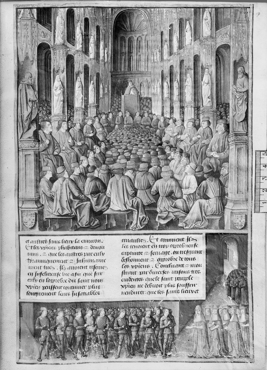 Fr 5594 fol.19 Hogyan prédikált II. Urbán pápa (1042-1099) a Szent Sír Templom visszafoglalásáról a Clermont-Ferrand-i Zsinatban, Sebastien Mamerot de So illusztrációja a Les Passages dOutre-Mer című művéből alkotó: French School