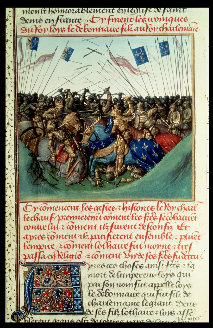 Fr 6465 f.140 I. Lothair (795-855) Nyugat császára, 841-ben, Fontenoy en Puisaye-ban, testvéreivel Német Lajossal (kb. 804-76) és Kopasz Károllyal (823-77) harcolt. alkotó: French School
