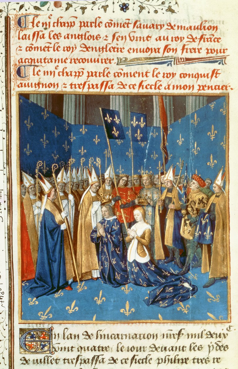 Fr 6465 f.247v VIII. Lajos (1187-1226) és Blanche de Castile megkoronázása Reimsben Jeruzsálem királya jelenlétében alkotó: French School