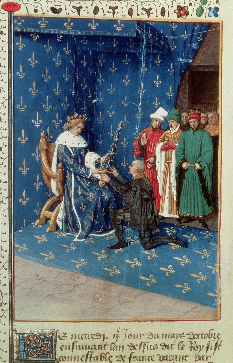 Fr 6465 f.434v V. Károly (1338-80) Bertrand Duguesclin lovaggá üti a hittérítőt, 1390. október alkotó: French School